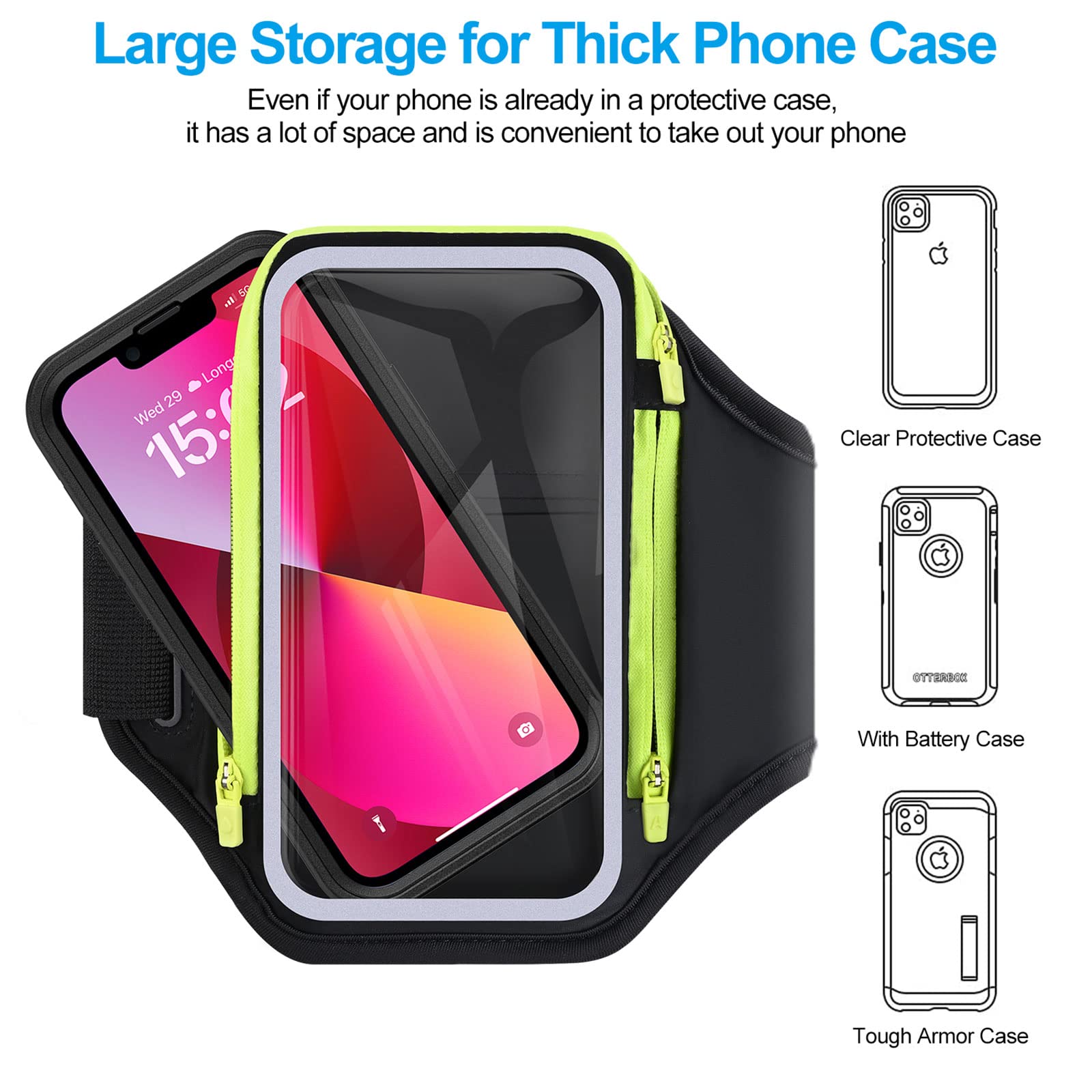 6.8'' Arm Band for Phone for Running, Running Gear Essentials for Thick Phone Case, Running Phone Holder Armband Bag for iPhone 15 14 13 12 11 Pro Max Galaxy with Car Home Key Zipper Earphone Pocket