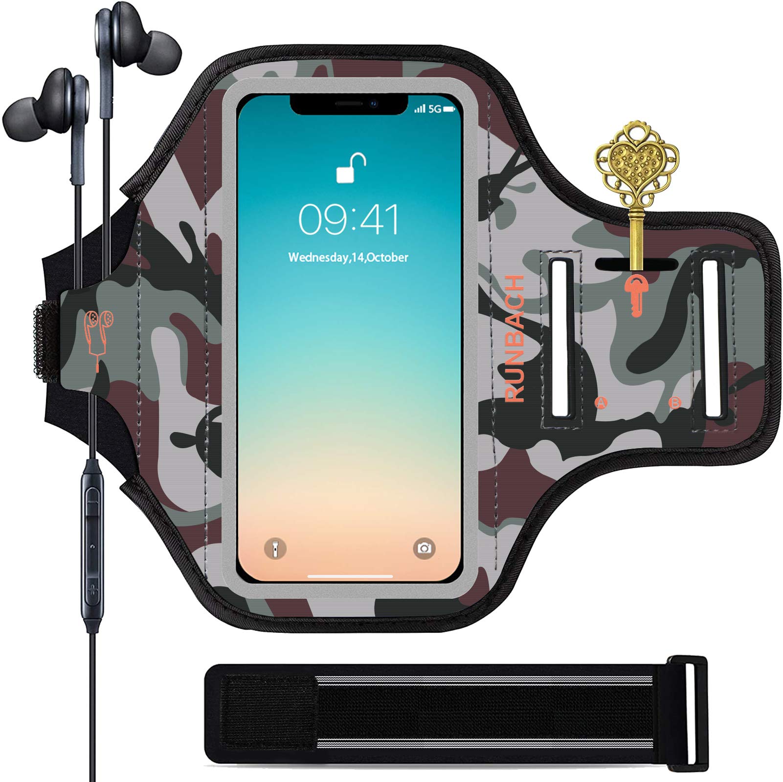 RUNBACH Armband for iPhone 13/13 Pro/12/12 Pro/11/XR,Camo Sweatproof Running Exercise Bag with Card Slot for iPhone 13,13 Pro,12,12 Pro,iPhone 11,iPhone XR (Woodland Camo)