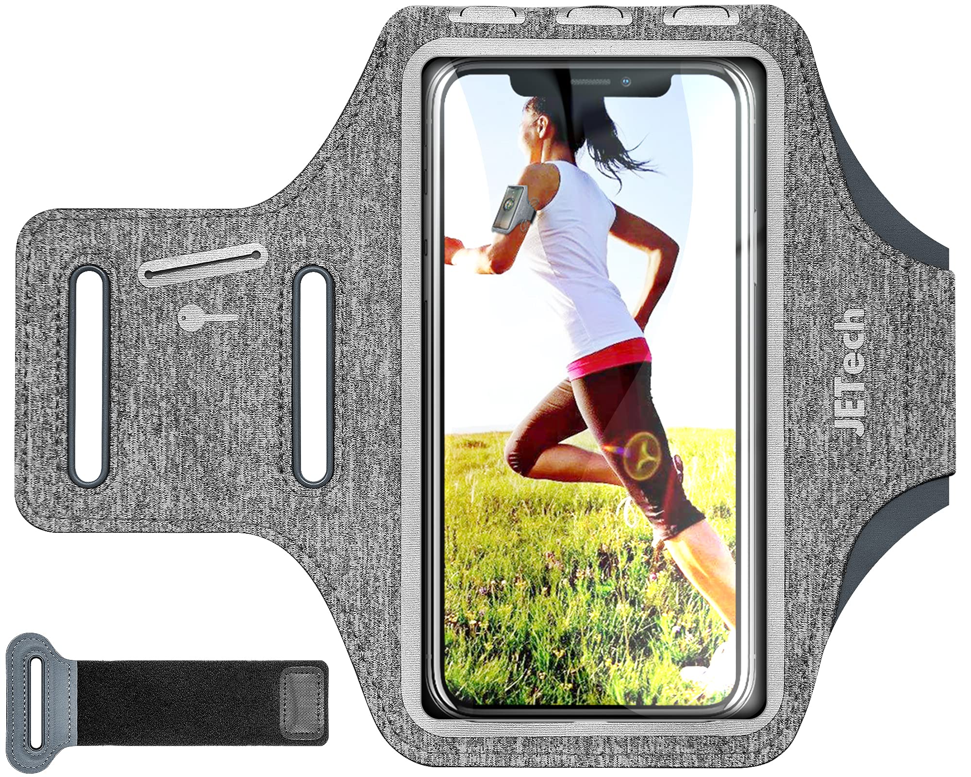 JETech Phone Armband Holder with Key Holder and Card Slot for Phone Upto 6.2 inch, iPhone 14 Pro/14/13 Pro/13/12/11/XR/XS/X/8, Galaxy S23/S22, Pixel 7a/6a, Water Resistant, Adjustable Band, Grey