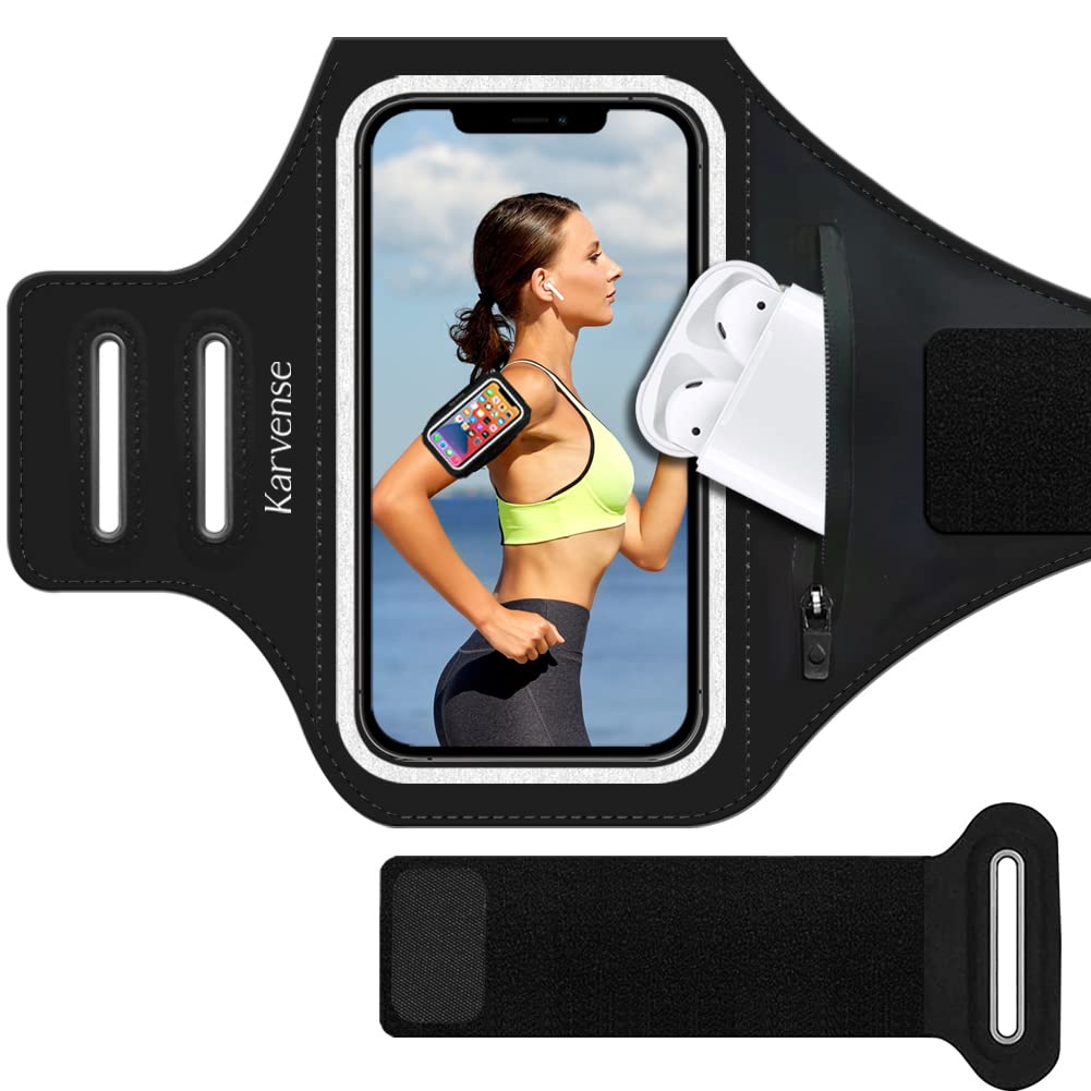 Phone Holder for Running, Karvense Phone Arm Bands for Running Exercise Workout Jogging, for iPhone SE/13 mini/12 mini/11 Pro/8/7/6s, Samsung Galaxy, up to 5.4'', Cell Phone Armband with Zipper Pocket