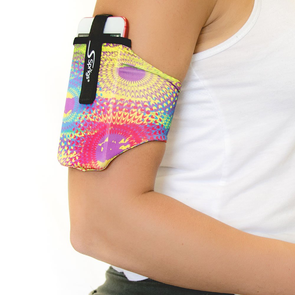 Sprigs Armband for iPhone 11/x/xr/8/7 Plus, Galaxy S10/S9, Google Pixel 4. Lightweight & Comfortable Running Armband, Stretches to Fit All Phones with Case - Spin Art, Medium