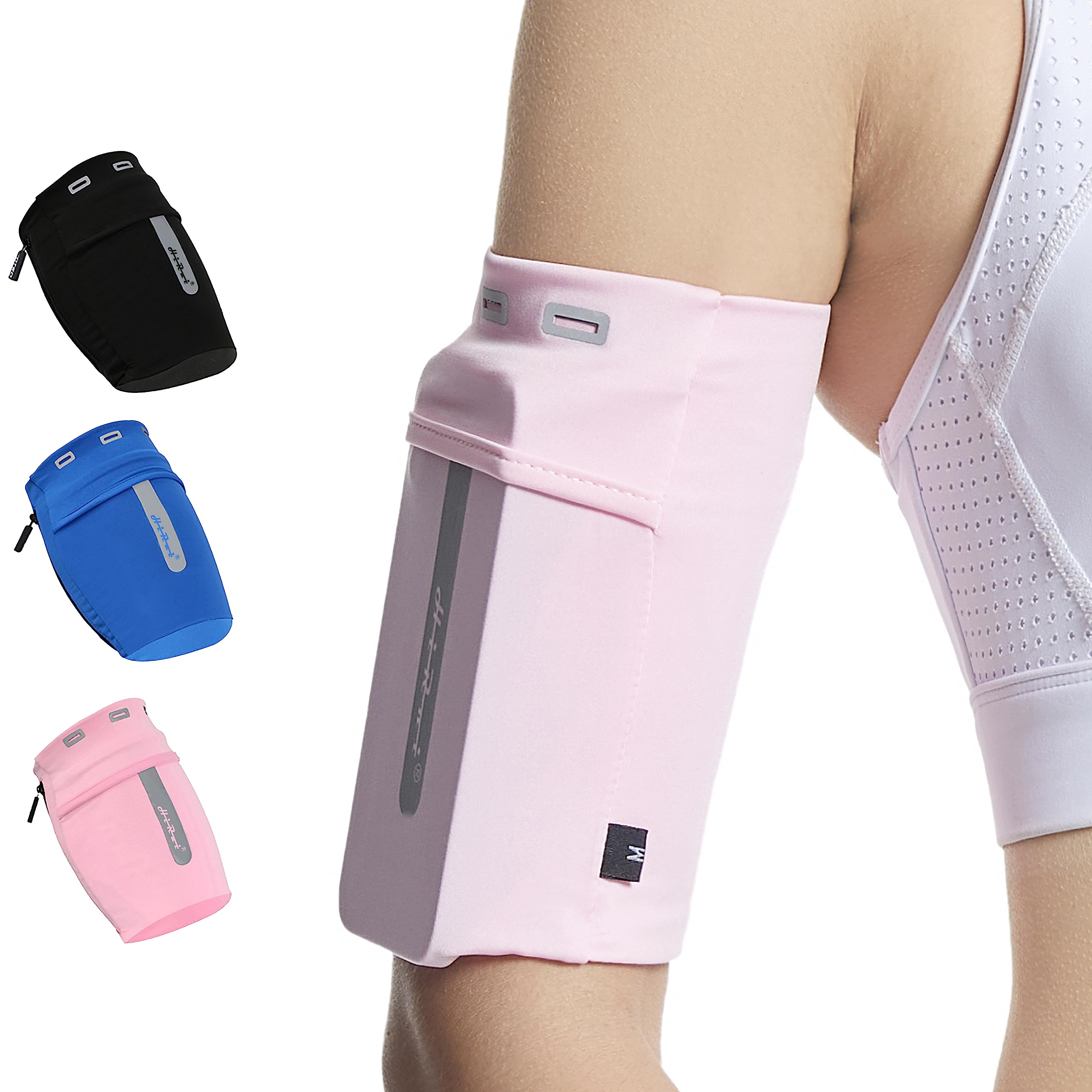 HiRui Running Armband Sleeve Universal Sports Armband Cell Phone Holder Armband for Exercise Workout, Compatible with iPhone 15/14/13/Plus/Pro Samsung Galaxy All Phones (L, Pink)