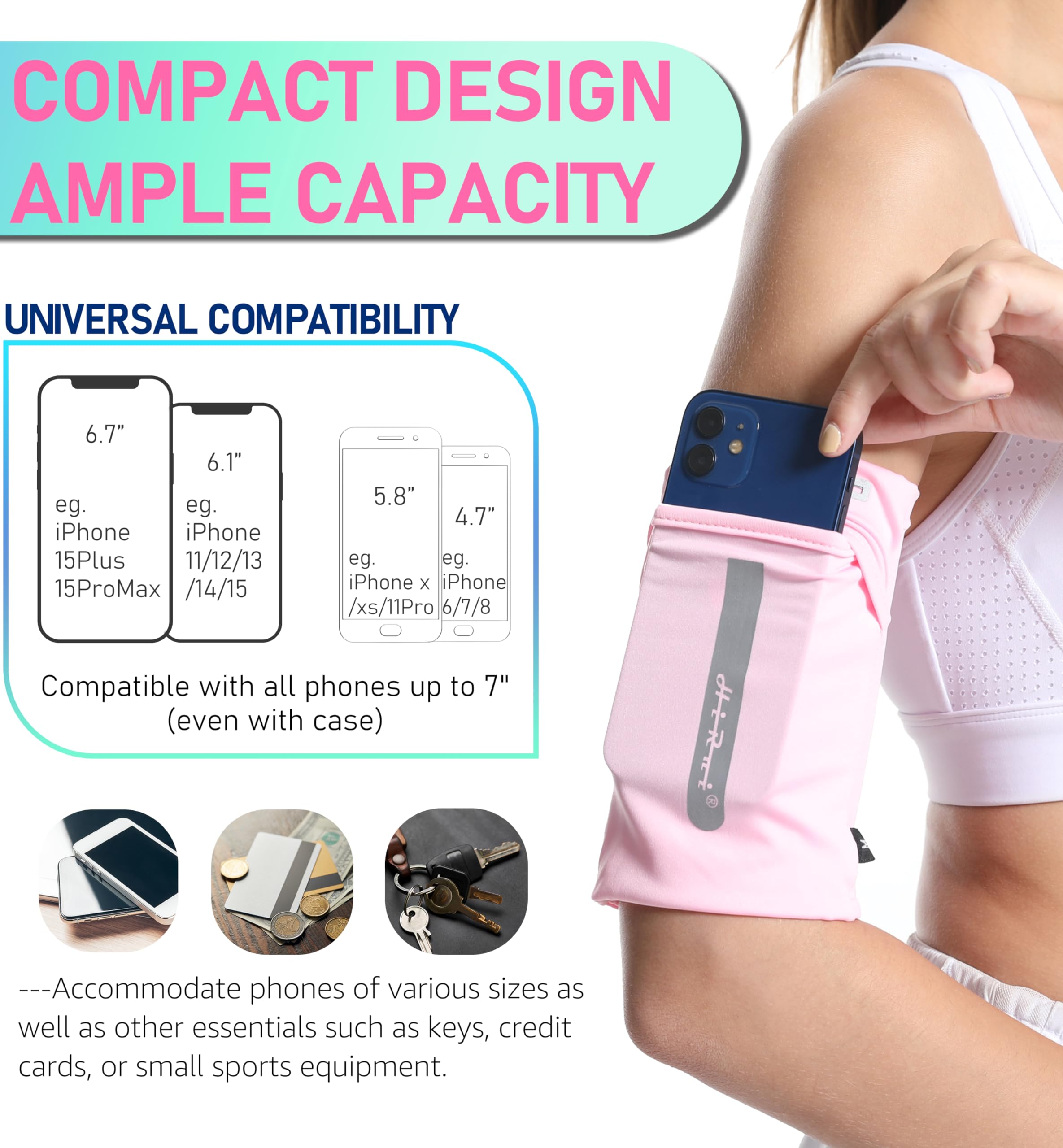 HiRui Running Armband Sleeve Universal Sports Armband Cell Phone Holder Armband for Exercise Workout, Compatible with iPhone 15/14/13/Plus/Pro Samsung Galaxy All Phones (L, Pink)