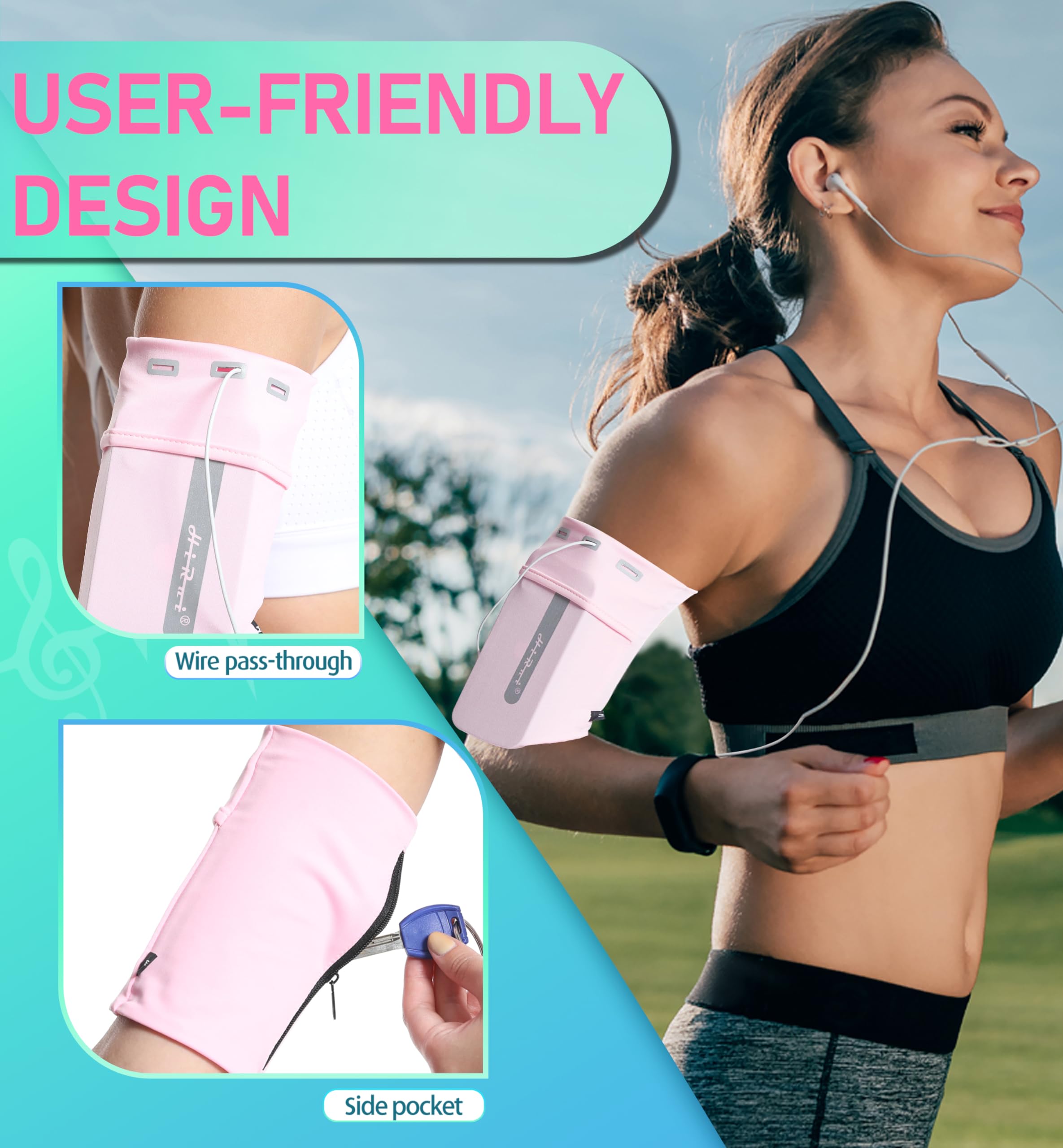 HiRui Running Armband Sleeve Universal Sports Armband Cell Phone Holder Armband for Exercise Workout, Compatible with iPhone 15/14/13/Plus/Pro Samsung Galaxy All Phones (L, Pink)