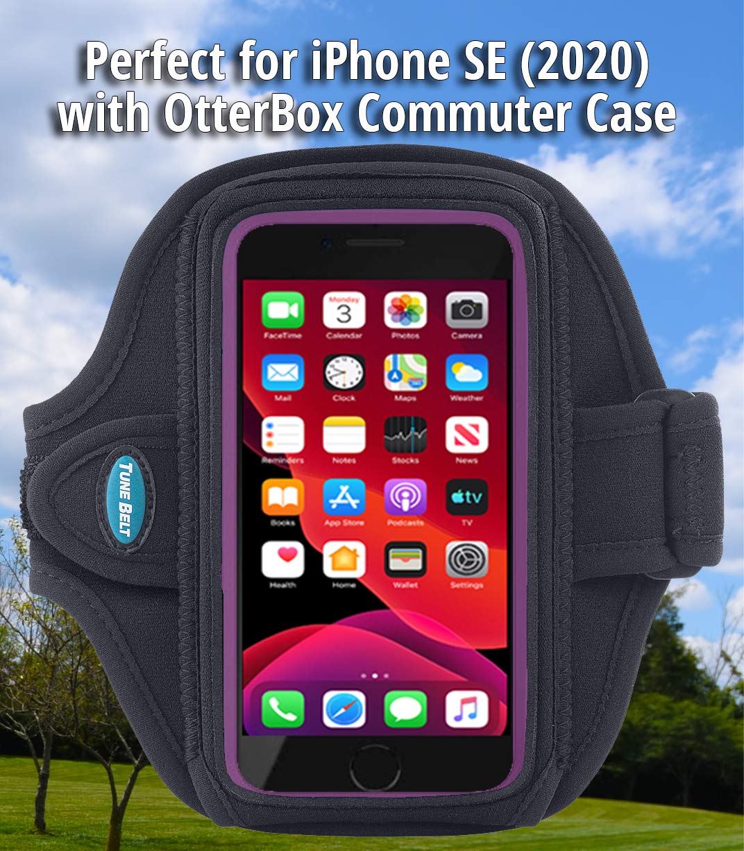 Tune Belt AB88 Cell Phone Running Armband Holder, Pocket Size fits OtterBox Commuter or Similar Case for iPhone 12/13 Mini, SE 2020 and iPhone X/XS, Water Resistant (Black)