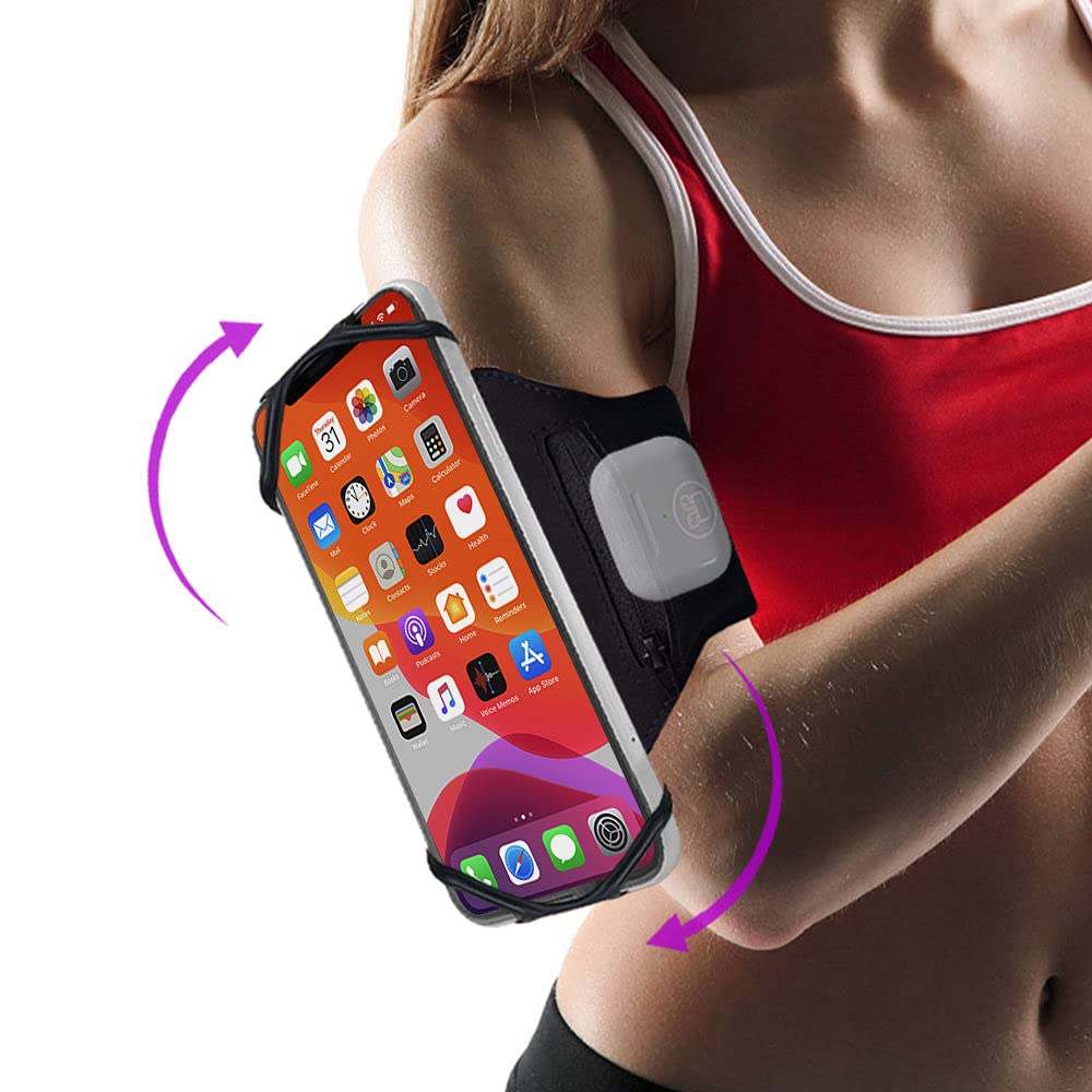 JEMACHE Running Armband for iPhone 15/14 Plus, 15/14 Pro Max, 15 14 13 12 11 XR SE, 6S 7 8 Plus, Samsung Galaxy S23 S22 S21 Ultra, Plus, Workouts Phone Arm Band with Airpods Holder