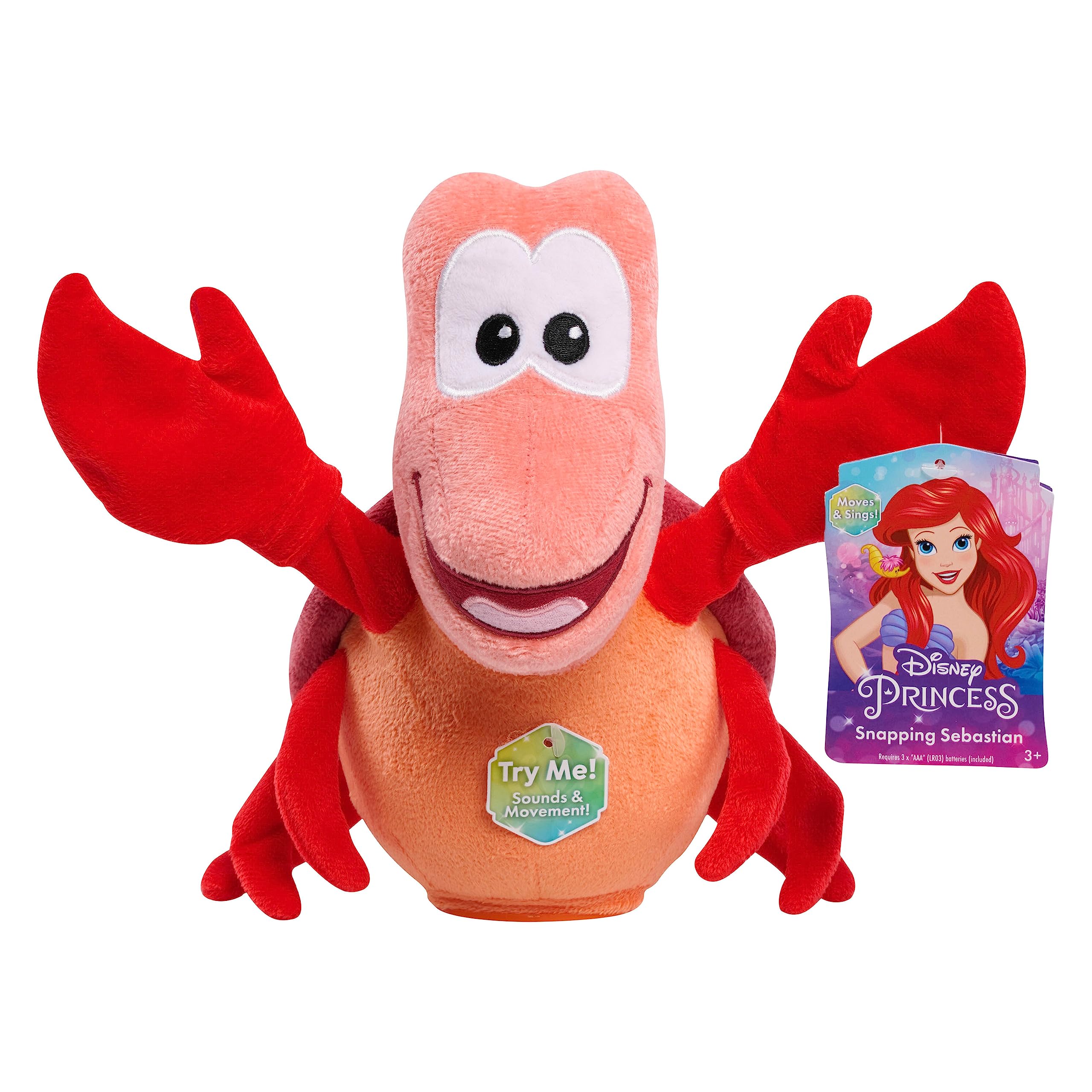 DISNEY PRINCESS Singing and Snapping Sebastian 10-inch Plush Stuffed Animal, Red Crab, Kids Toys for Ages 3 Up by Just Play