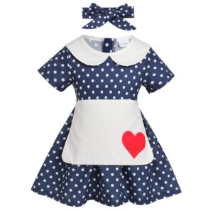 IDOPIP 1950s Housewife Costume for Girls Kids Baby Halloween Birthday Party Dress up Retro Polka Dot Print Tutu Dress with Apron + Headband Housewife Outfit Navy Blue Polka Dot - Heart 9-12 Months