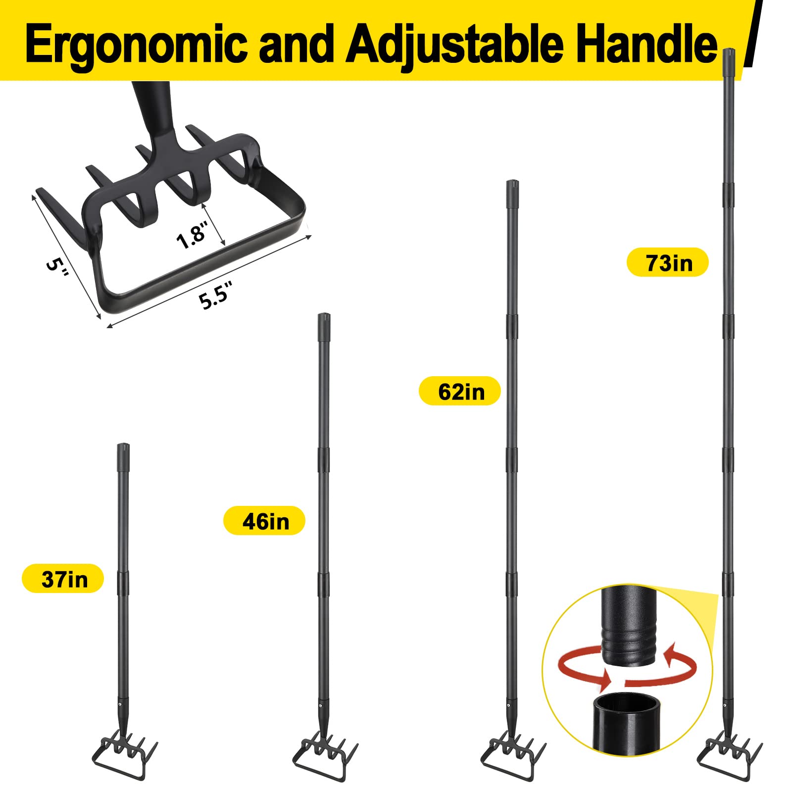 Garden Hoe, Cultivator Stirrup Hoe Garden Tool for Weeding, 73 Inch Heavy Duty Hula Hoe with Adjustable Long Handle, Scuffle Loop Hoe with Rake 2-in-1 Gardening Tool for Loosening Pulling Weed