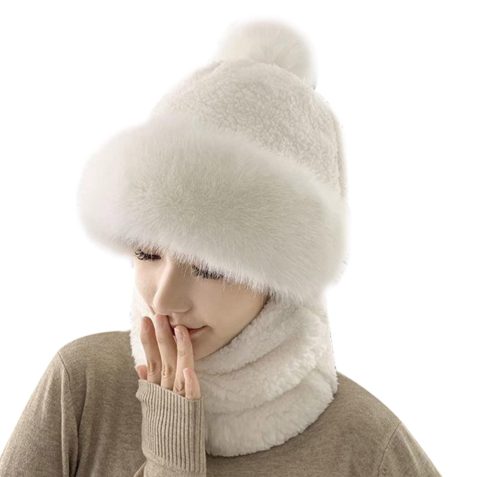 Beanie Hat Women Windproof Scarf Hat Winter Warm Scarf Hat Set Soft Knitted Plush (White, One Size)