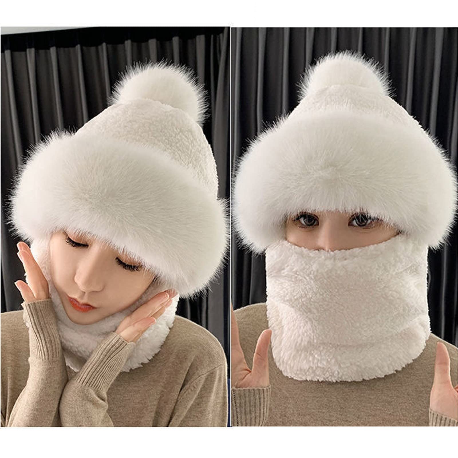 Beanie Hat Women Windproof Scarf Hat Winter Warm Scarf Hat Set Soft Knitted Plush (White, One Size)