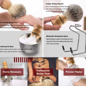 Shaving Set, 3in1 Pure Badger Hair Shaving Brush Natural Solid Wood Handle and Stainless Steel Shaving Stand with Shaving Bowl Dia 3.2 inches for Men Wet Shaving by Anbbas