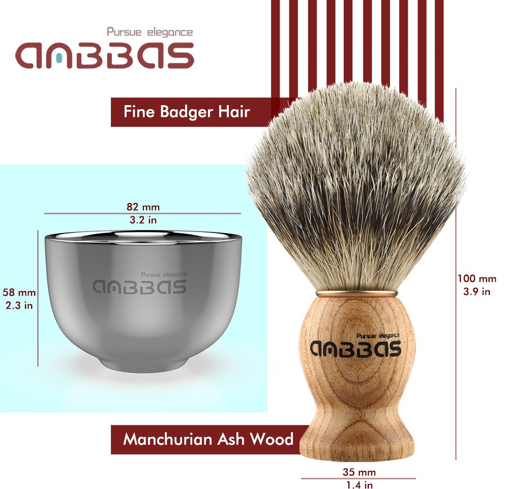 Shaving Set, 3in1 Pure Badger Hair Shaving Brush Natural Solid Wood Handle and Stainless Steel Shaving Stand with Shaving Bowl Dia 3.2 inches for Men Wet Shaving by Anbbas