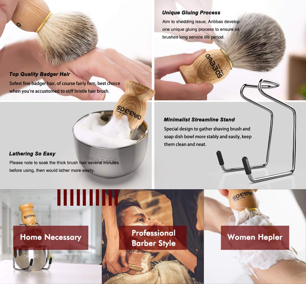 Anbbas Pure Badger Hair Shaving Brush Solid Wood Handle with Goat Milk Shaving Soap 100g,Stainless Steel Shaving Stand and 2 Layers Shaving Bowl Kit Perfect for Men Gift