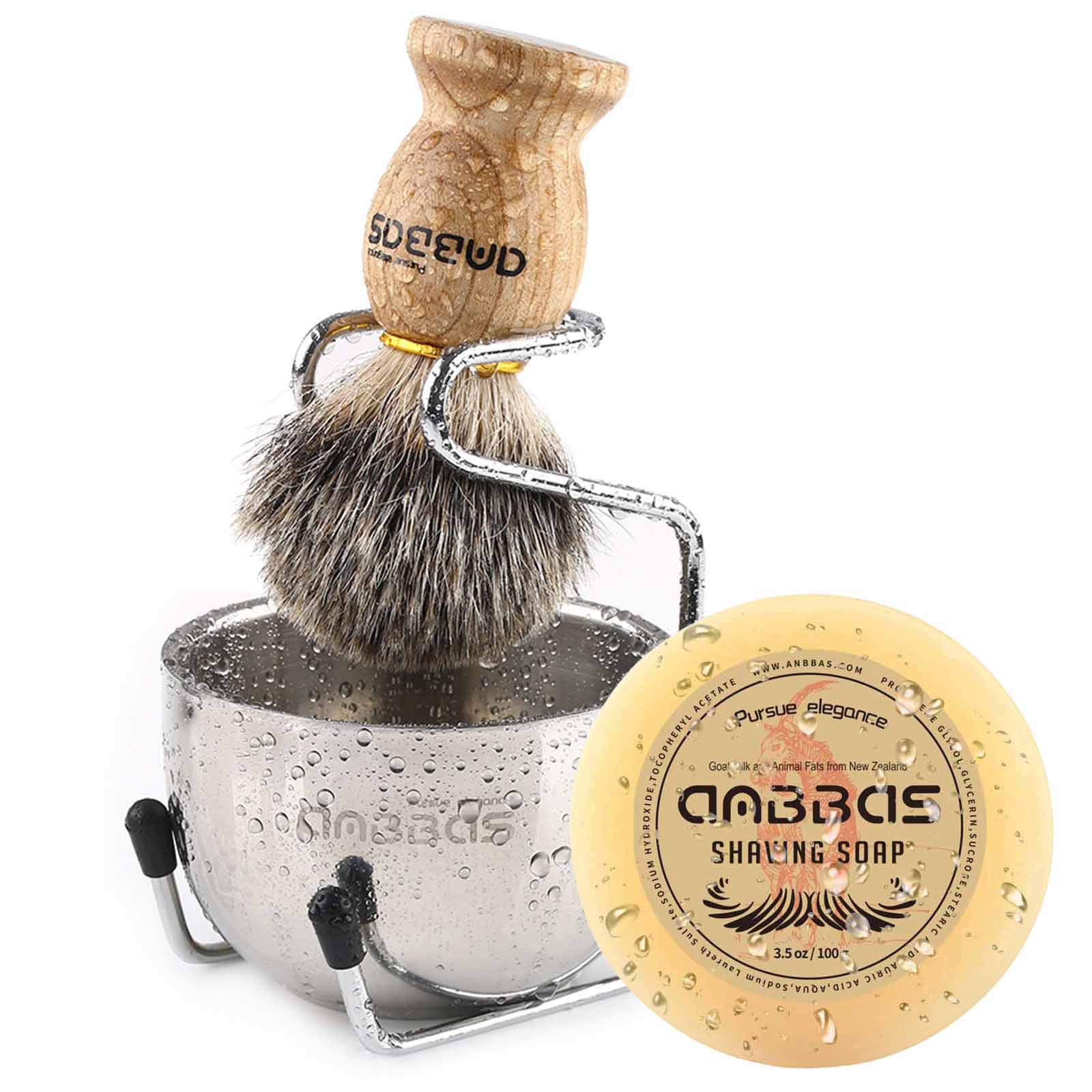 Anbbas Pure Badger Hair Shaving Brush Solid Wood Handle with Goat Milk Shaving Soap 100g,Stainless Steel Shaving Stand and 2 Layers Shaving Bowl Kit Perfect for Men Gift