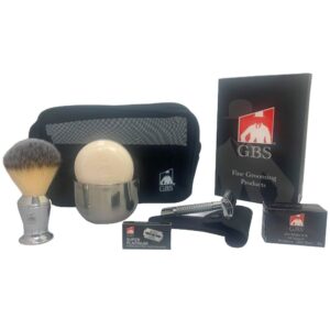 G.B.S Men Deluxe Travelling Kit, Butterfly Double Edge Safety Razor, Chrome Shaving Brush, Soap Bowl, Natural Shaving Soap with Alum Block and Mesh Toiletry Bag