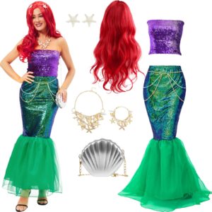 toulite 8 pcs halloween mermaid costume for women sequin top skirt wig shell bag jewelry set for mermaid cosplay(x-large)