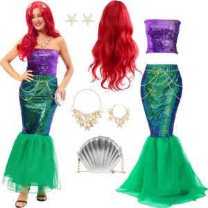 Toulite 8 Pcs Halloween Mermaid Costume for Women Sequin Top Skirt Wig Shell Bag Jewelry Set for Mermaid Cosplay(X-Large)