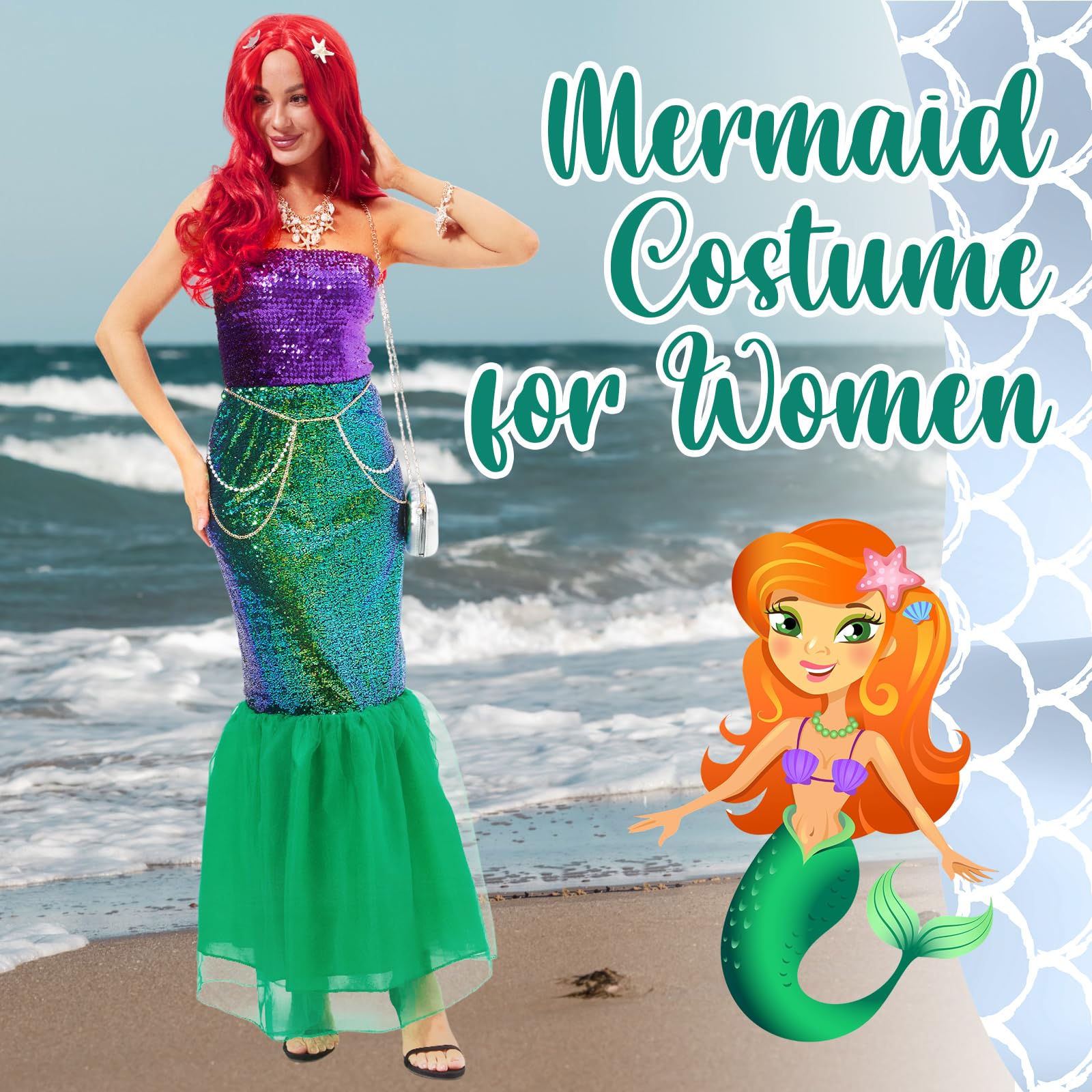 Toulite 8 Pcs Halloween Mermaid Costume for Women Sequin Top Skirt Wig Shell Bag Jewelry Set for Mermaid Cosplay(X-Large)