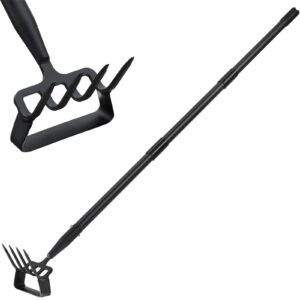 garden hoe cultivator weeding tool, stirrup hoe rake with 62" adjustable long handle stainless steel heavy duty hula hoe tiller for flower beds, patio, garden loosening soil weeding digging (black)