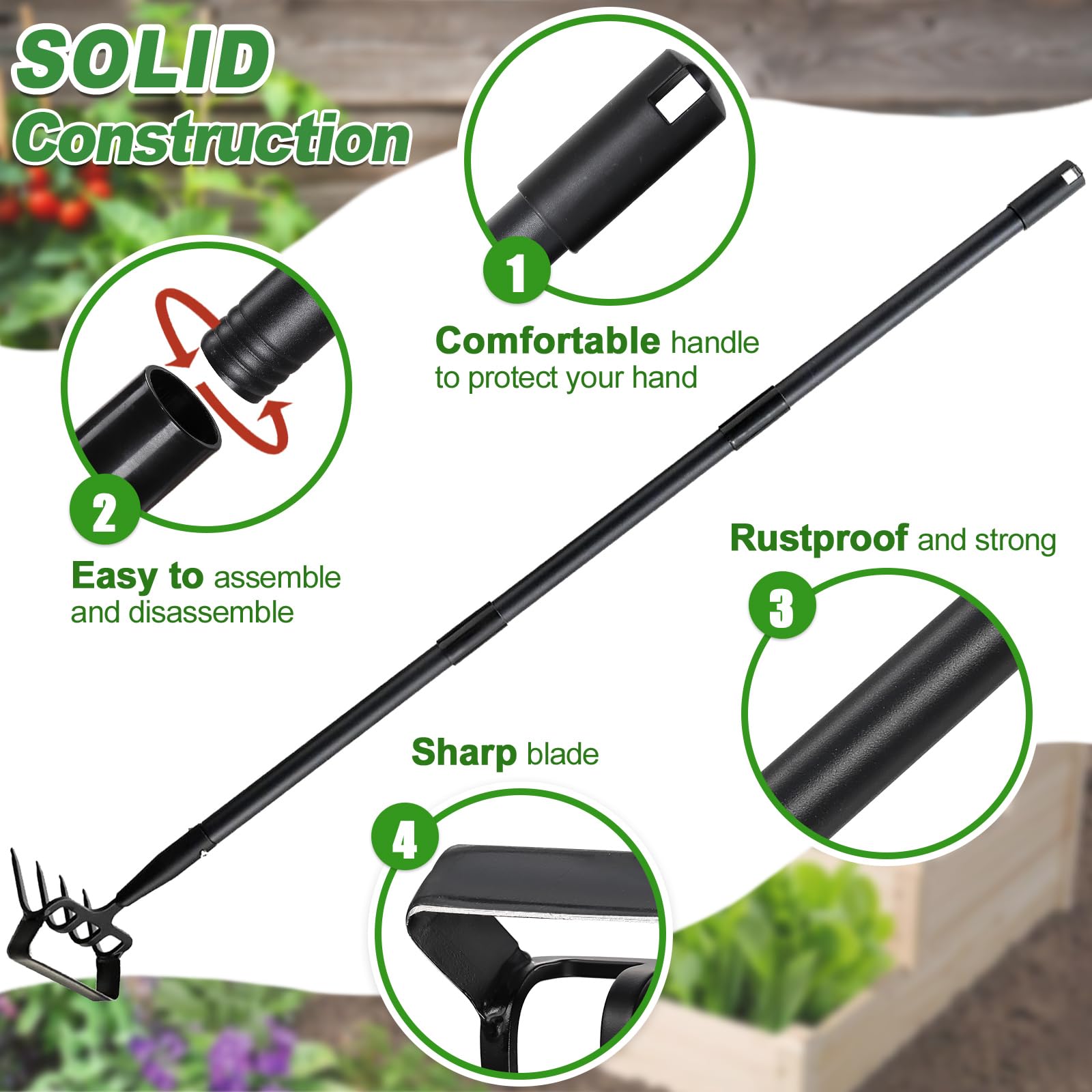 Garden Hoe Cultivator Weeding Tool, Stirrup Hoe Rake with 62" Adjustable Long Handle Stainless Steel Heavy Duty Hula Hoe Tiller for Flower Beds, Patio, Garden Loosening Soil Weeding Digging (Black)