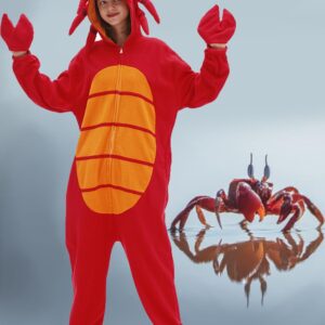 Crab Onesie Adult Red Crab Pajamas Animal Pajamas Halloween Cosplay Costume Polar Fleece Sleepwear Homewear