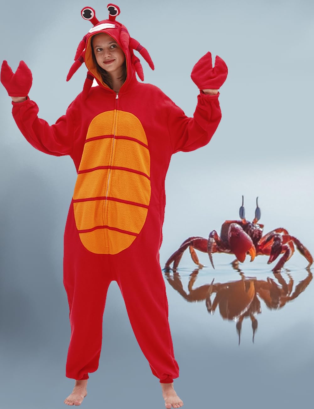 Crab Onesie Adult Red Crab Pajamas Animal Pajamas Halloween Cosplay Costume Polar Fleece Sleepwear Homewear