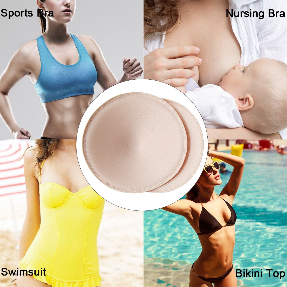 SERMICLE Bra Inserts 4 Pairs, Bra Pads Sewed Stitched Removable for Sports Bra B/C,C/D & D/E Cup Optional (Beige Round, C/D Cup)