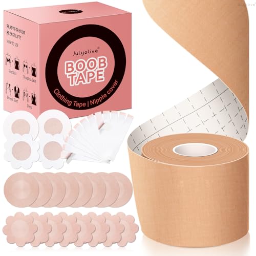 Julyolive Boob Tape Kit- Boobytape for Breast Lift with Petals, Breathable Adhesive Sticky Bra Tape, Push Up Nipple Tape Beige