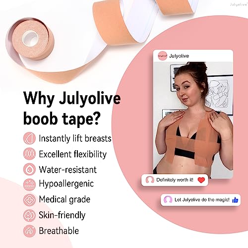 Julyolive Boob Tape Kit- Boobytape for Breast Lift with Petals, Breathable Adhesive Sticky Bra Tape, Push Up Nipple Tape Beige