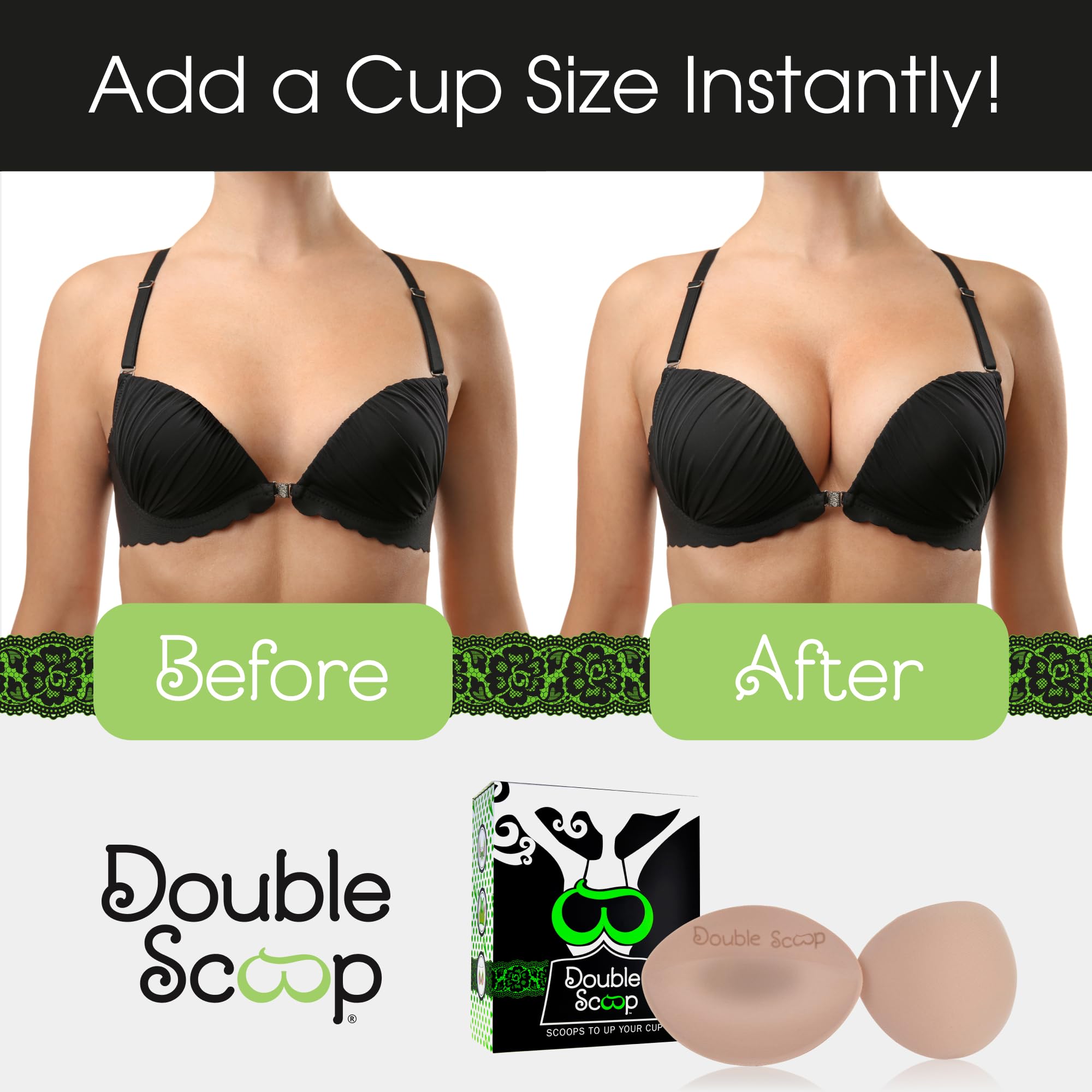 Double Scoop® Push Up Inserts w/Bonus Tape Sticky Strips, Instant Breast Implants, Replacement Bra Pads, Padded Bralette Hack, Breast Lift, Foam Bra Filler Insert, Bra Stuffer, Cup Size D (Nude)