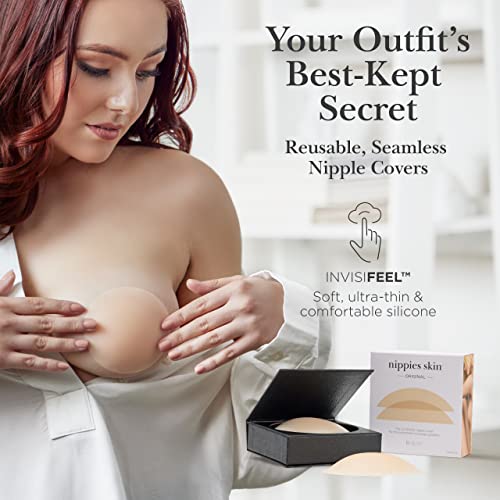 Nippies Nipple Cover - Sticky Adhesive Silicone Nipple Pasties - Reusable Pasty Nipple Covers for Women with Travel Box (Small (Fits A-C Cups), Original, Crème)