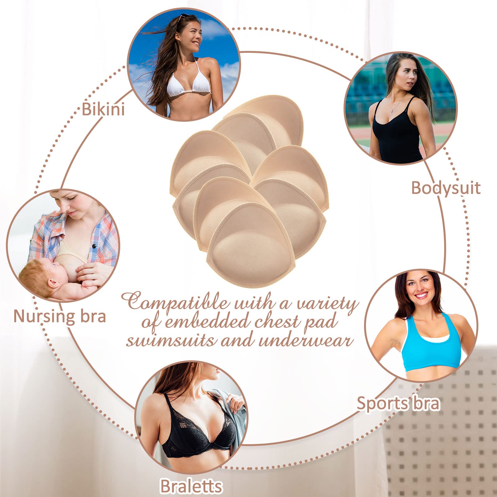 4 Pairs Push up Bra Inserts Breast Enhancer Cups Bra Pad Inserts Sewn Edges Bra Replacement Pad Sew in Bra Cups Sports (Beige)