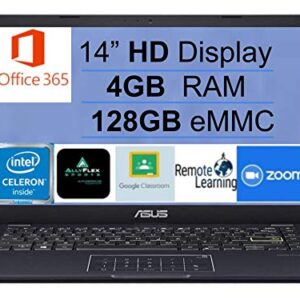 2021 Newest ASUS E410 14" Thin and Light Laptop Computer, Intel Celeron N4020 (up to 2.8GHz), 4GB DDR4 RAM, 128GB eMMC, 1-Year Office 365, WiFi, Bluetooth, HDMI, Webcam, Blue, Windows 10 S+AllyFlex MP