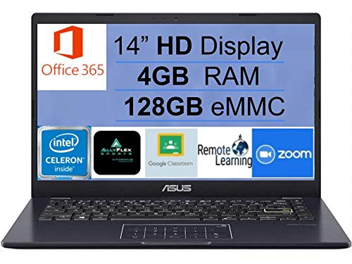 2021 Newest ASUS E410 14" Thin and Light Laptop Computer, Intel Celeron N4020 (up to 2.8GHz), 4GB DDR4 RAM, 128GB eMMC, 1-Year Office 365, WiFi, Bluetooth, HDMI, Webcam, Blue, Windows 10 S+AllyFlex MP