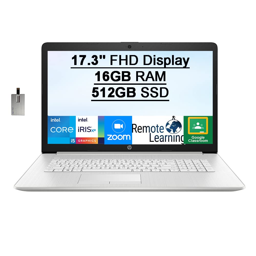 HP 17.3 FHD Laptop Computer, Intel Core i5-1135G7 Processor(> i7-1065G7), 16GB RAM, 512GB PCIe SSD, Backlit Keyboard, Intel Iris Xe Graphics, HD Webcam, Win 10, Silver, 32GB Hotface USB Card