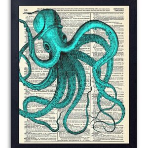 Blue Octopus (#2), Vintage Dictionary Art Print, Antique Wall Art Home Decor, Modern Boho Poster, Farmhouse Decoration Living Room Bedroom Office 8x10 Inches, Ready To Frame