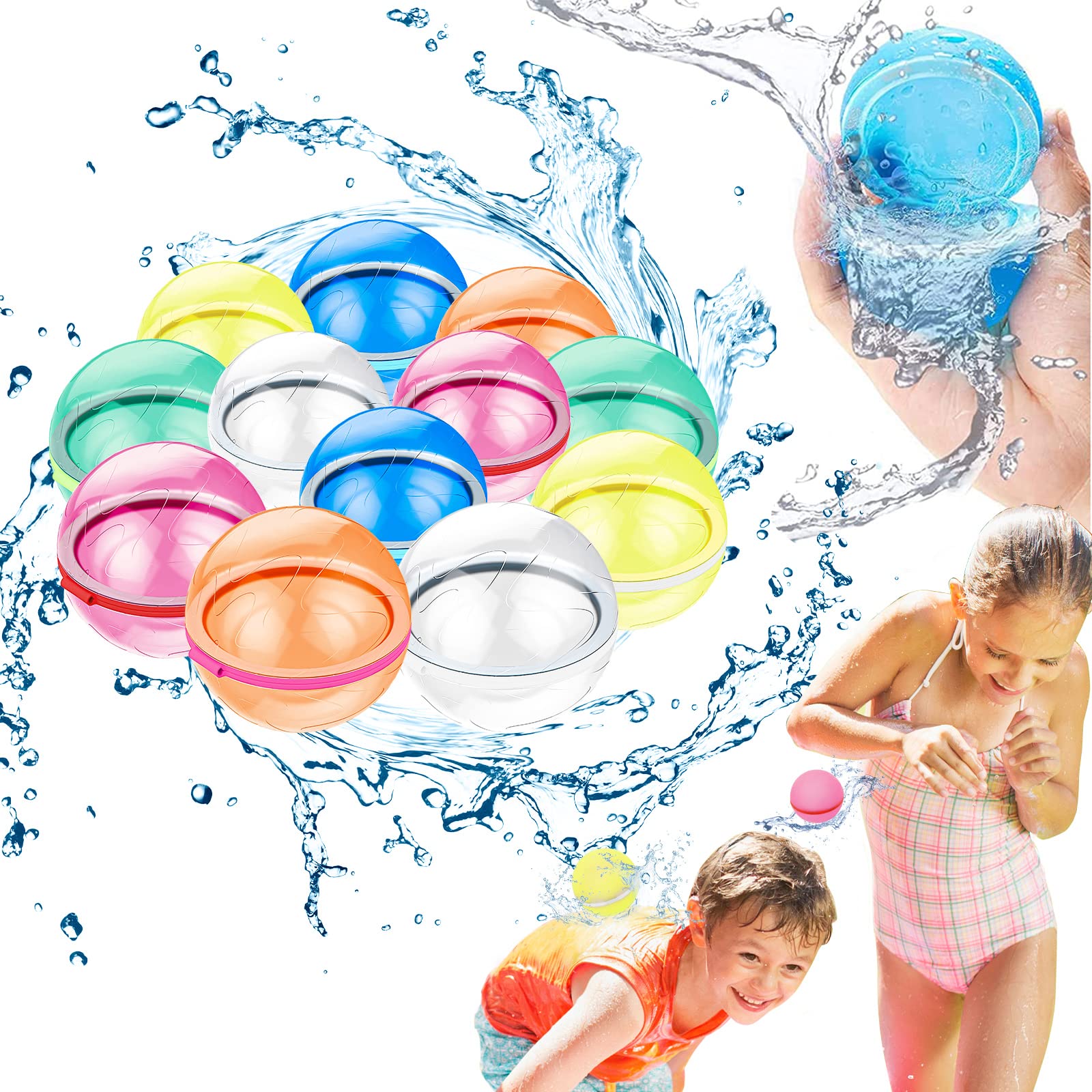 Reusable Water Balloons 12 Pcs, Silicone Water Ball Magnetic Self-Sealing Easy Quick Fill, Outdoor Water Toys for Kids Adults, Pool Beach Bath Water Balls Toys, Summer Fun Party Supplies