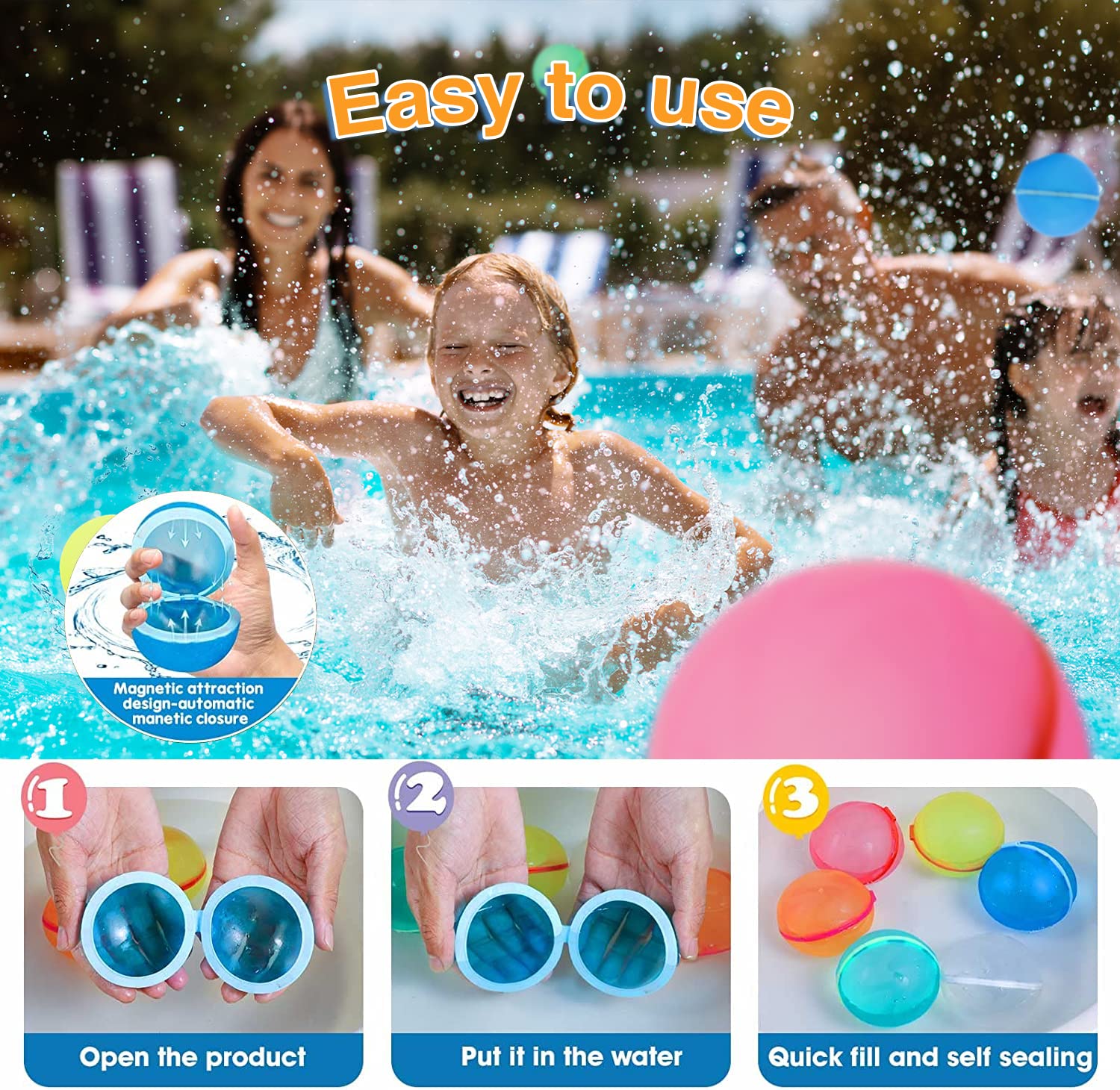 Reusable Water Balloons 12 Pcs, Silicone Water Ball Magnetic Self-Sealing Easy Quick Fill, Outdoor Water Toys for Kids Adults, Pool Beach Bath Water Balls Toys, Summer Fun Party Supplies