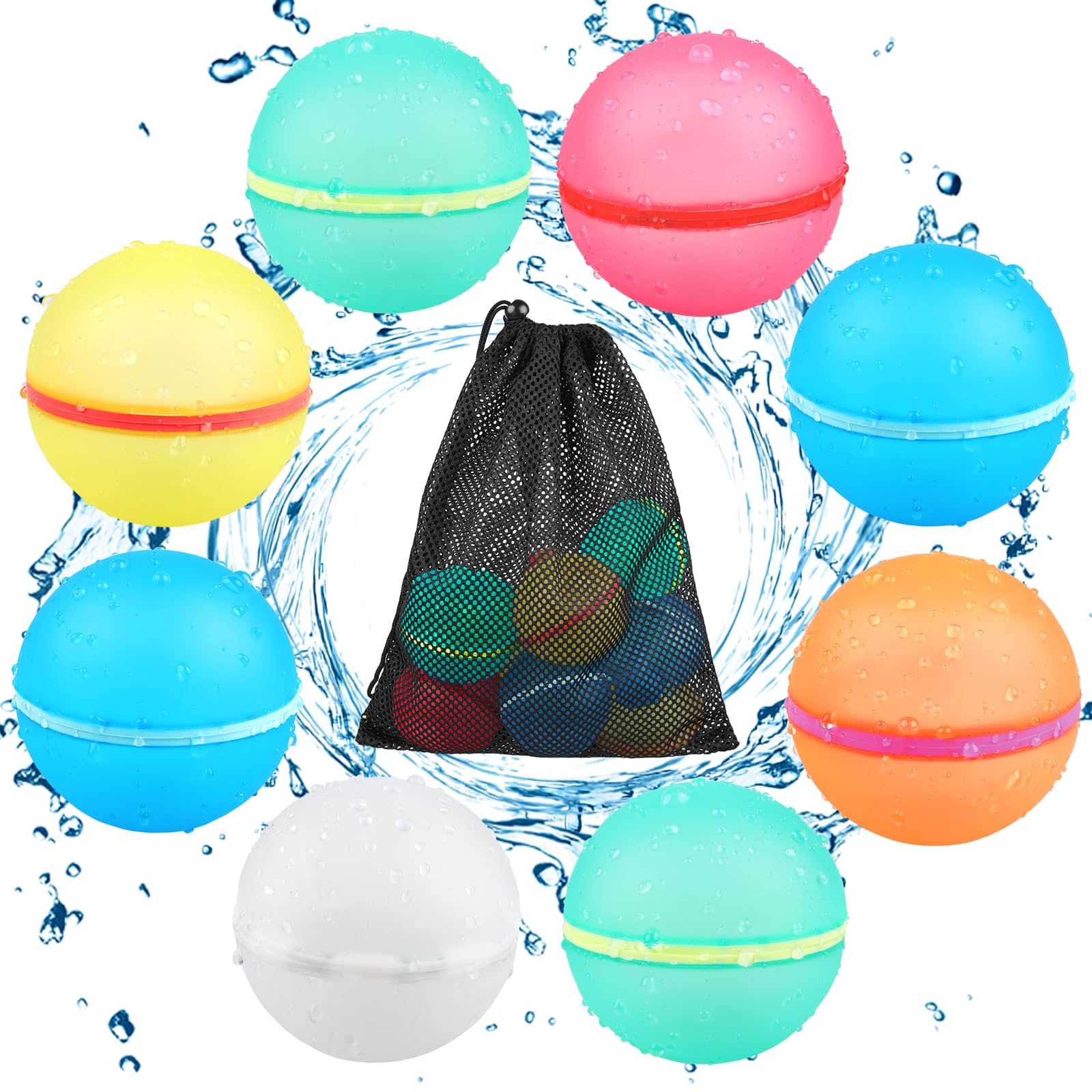 Reusable Water Balloons Refillable Water Bomb, Soft Silicone Water Balls with Mesh Bag, Quick Fill & Self-Sealing Water Balloons for Water Fight Games, Outdoor Water Toys for Kids Adults,8pcs