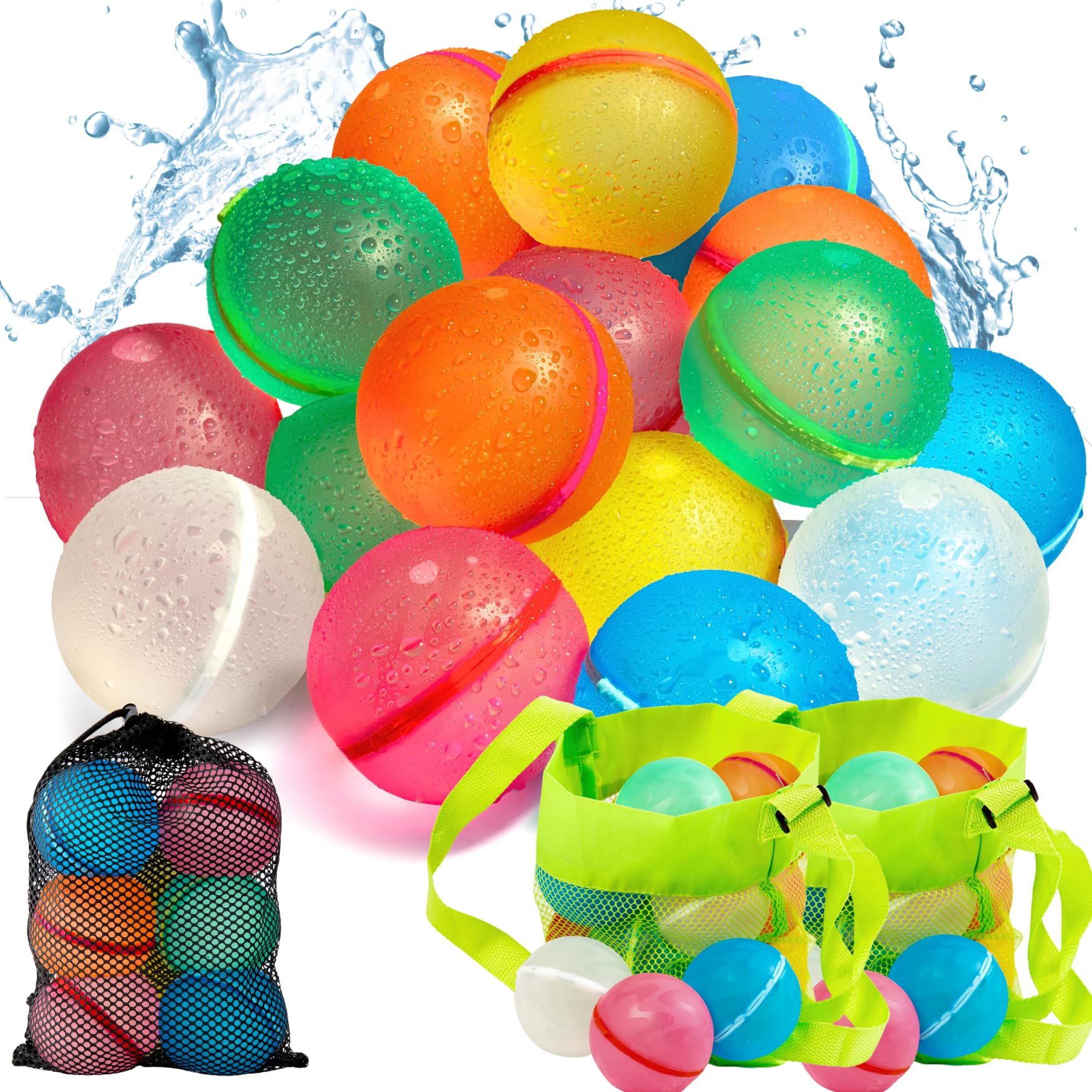 COLETA Reusable Water Balloons 16 Pcs Magnetic Self-Sealing. With 2 Side Bags. Refillable Latex-Free Soft Silicone Bombs Quick Fill Balls Boy Girl Gift Toy for Outdoor Activities Pool Beach Splash Fun