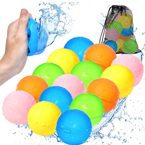 UCIDCI 15 Pcs Water Balloons Reusable Quick Fill - Self Sealing Silicone Water Ball for Kids with Mesh Bag, Summer Fun Water Toys for Outdoor Activities, Summer Party, Water Park, Family Game