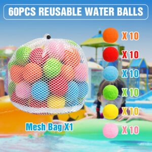 Korlon Tec 60 Pcs Reusable Water Balls, 2.5" Outdoor Water Toys Reusable Water Balloons for Kids, Summer Toys for Backyard Pool Trampoline Water Fun