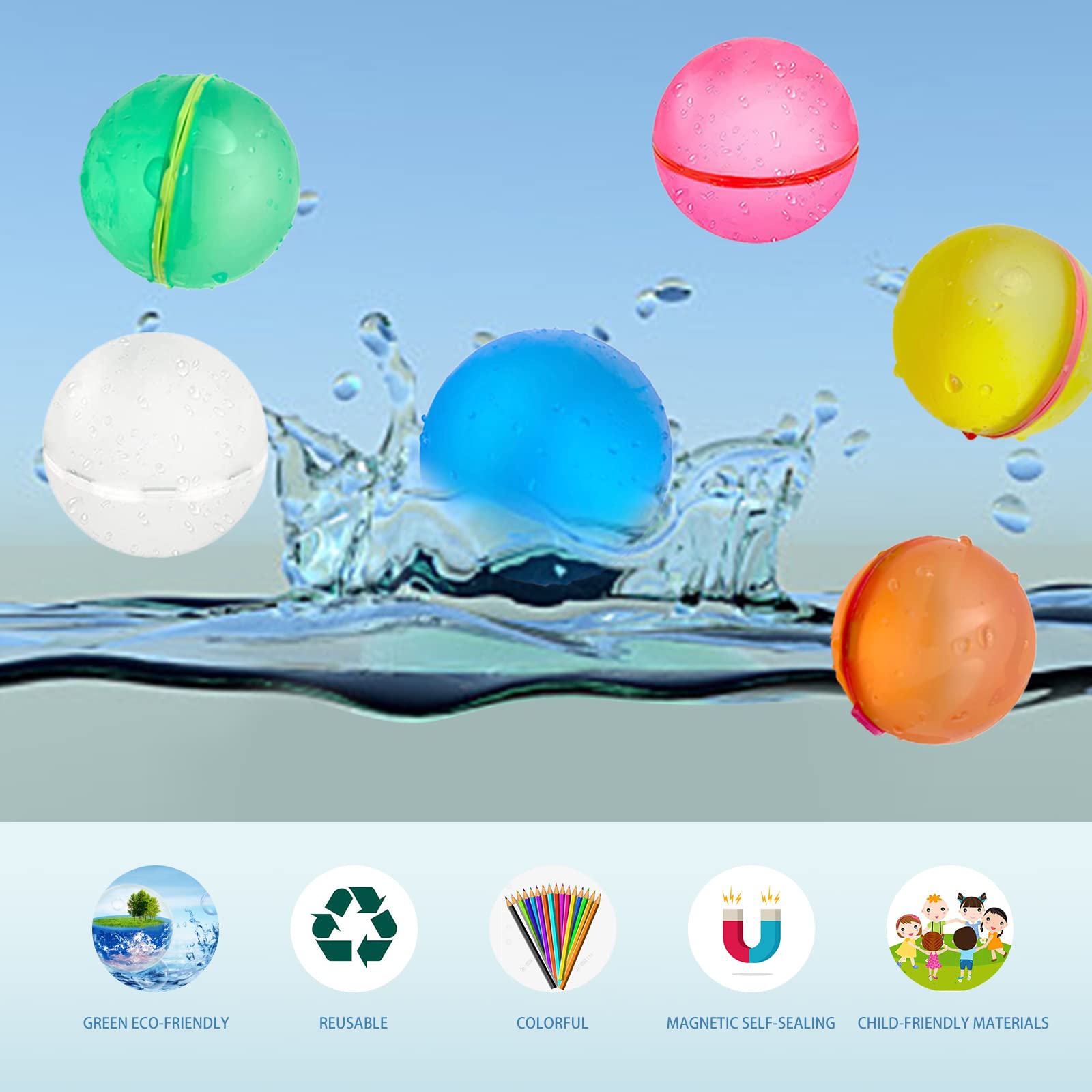 KISKISBY Reusable Water Balloons Water Bombs Splash Ball Quick Fill Self-Sealing Silicone Refillable Water Balls Outdoor Activities Summer Toy Pool Beach Water Games Toys for Kids ages 4-12 (12 Pcs)