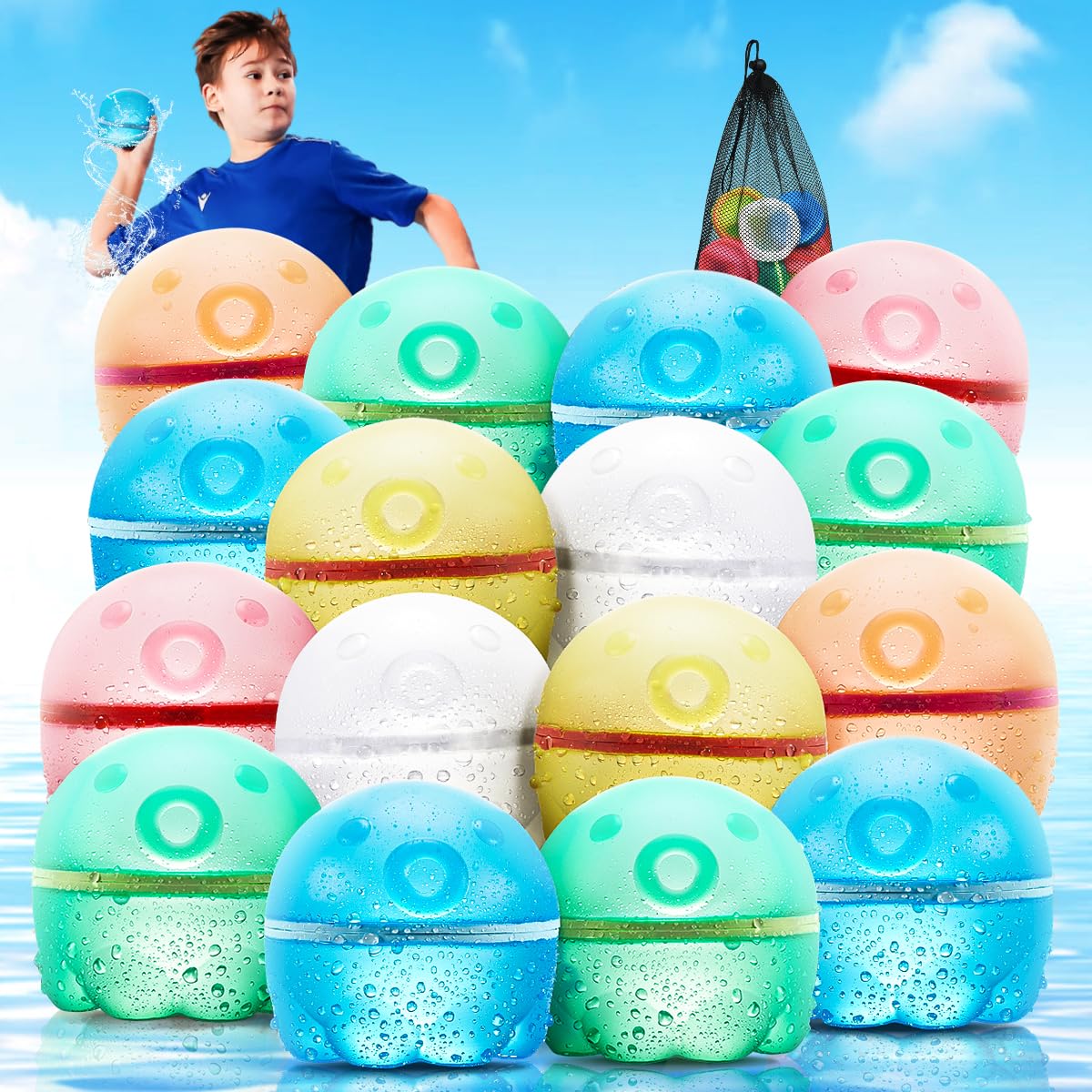 Hiliop 16PCS Reusable Water Balloons for Kids, Splash Refillable Water Balloons Bombs Self Sealing Quick Fill Magnetic with Mesh Bag