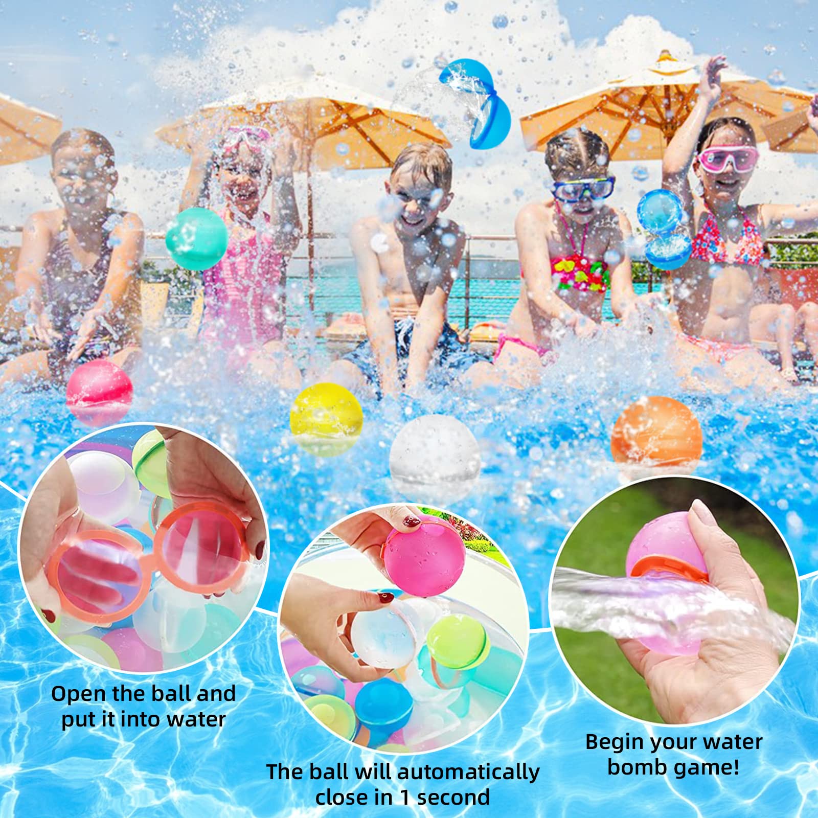 12PCS Silicone Reusable Water Balloons for Kids, Quick Fill Water Balls, Bomb Splash Ball, Magnetic Refillable Self Sealing Water Balloon, Summer Party Game Outdoor Waterballons