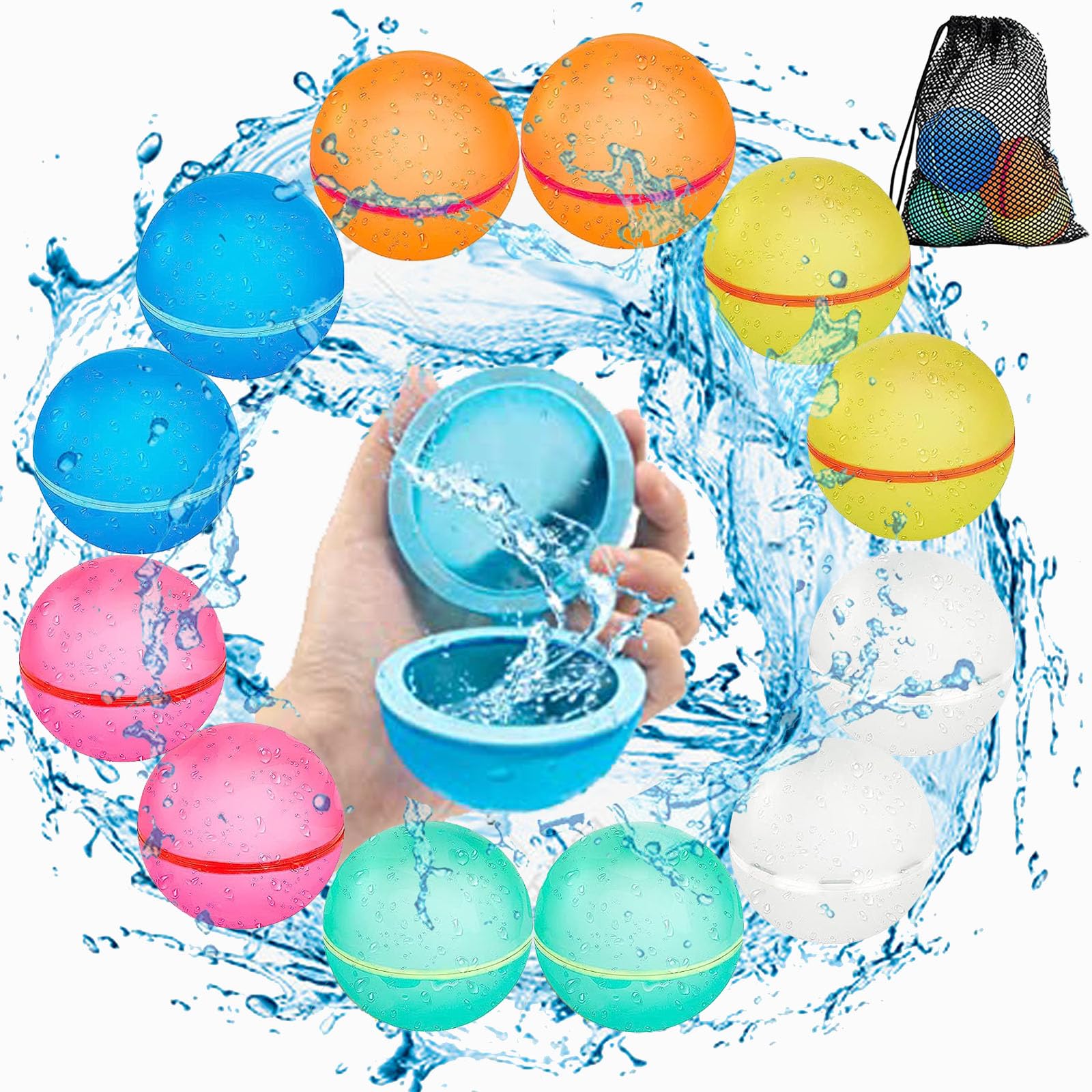 MSTOKIN 12 Pack Reusable Water Balloons for Kids, Quick Fill Water Balloon Toys for Outdoor Activities, Refillable Self Sealing Magnetic Close Water Balloon Balls for Summer Party Gift