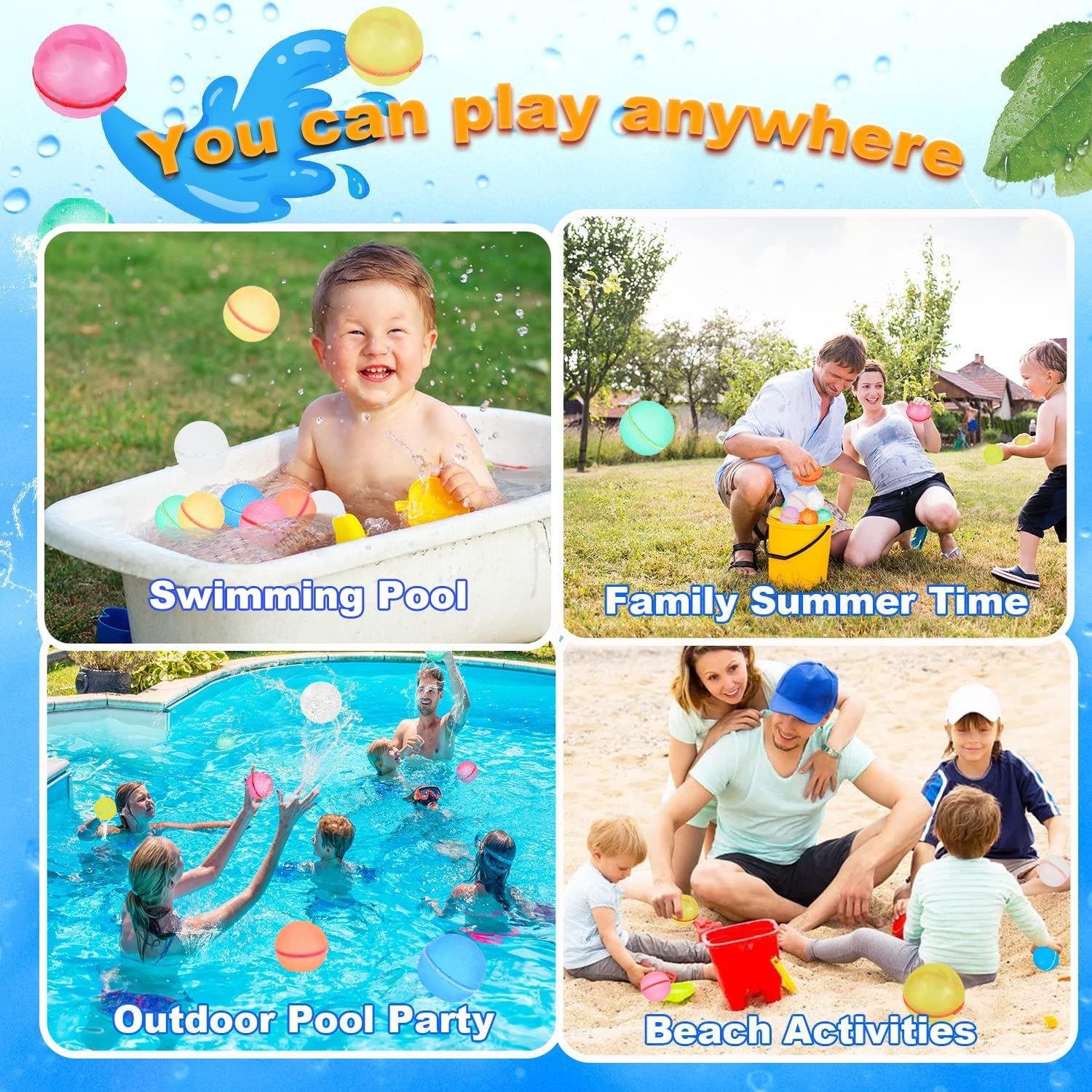 98K Reusable Water Balloons 12Pcs with Mesh Bag, Self Sealing Silicone Ball Latex-Free, No Clean Hassle, Easy to Fill, Summer Toys Water Toy Swimming Pool Beach Park Yard Outdoor Games Party Supplies