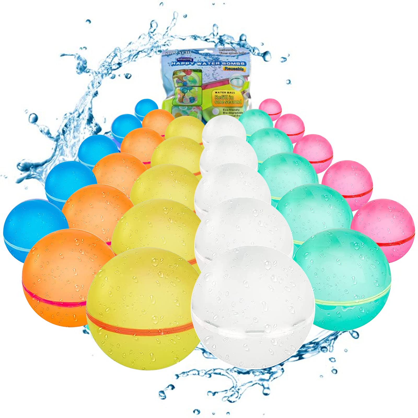 Reusable Water Balloons, Self-Sealing Refillable Water Balloons, Soft Silicone Magnetic Water Balloons, Reusable Water Bomb for Water Fight Game, Water Park, Summer Party (Multicolor - 30PC)