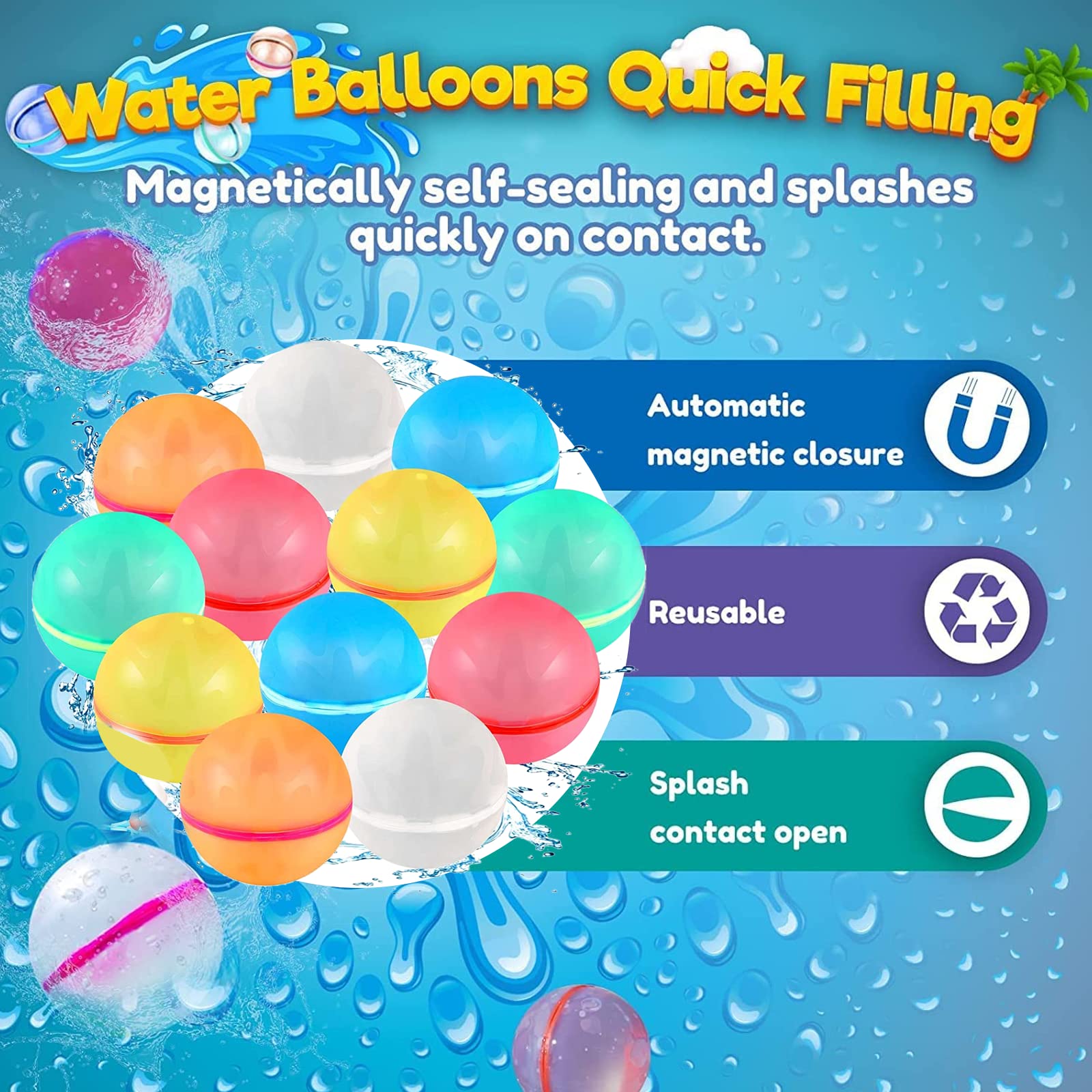 Reusable Water Balloons, Self-Sealing Refillable Water Balloons, Soft Silicone Magnetic Water Balloons, Reusable Water Bomb for Water Fight Game, Water Park, Summer Party (Multicolor - 30PC)